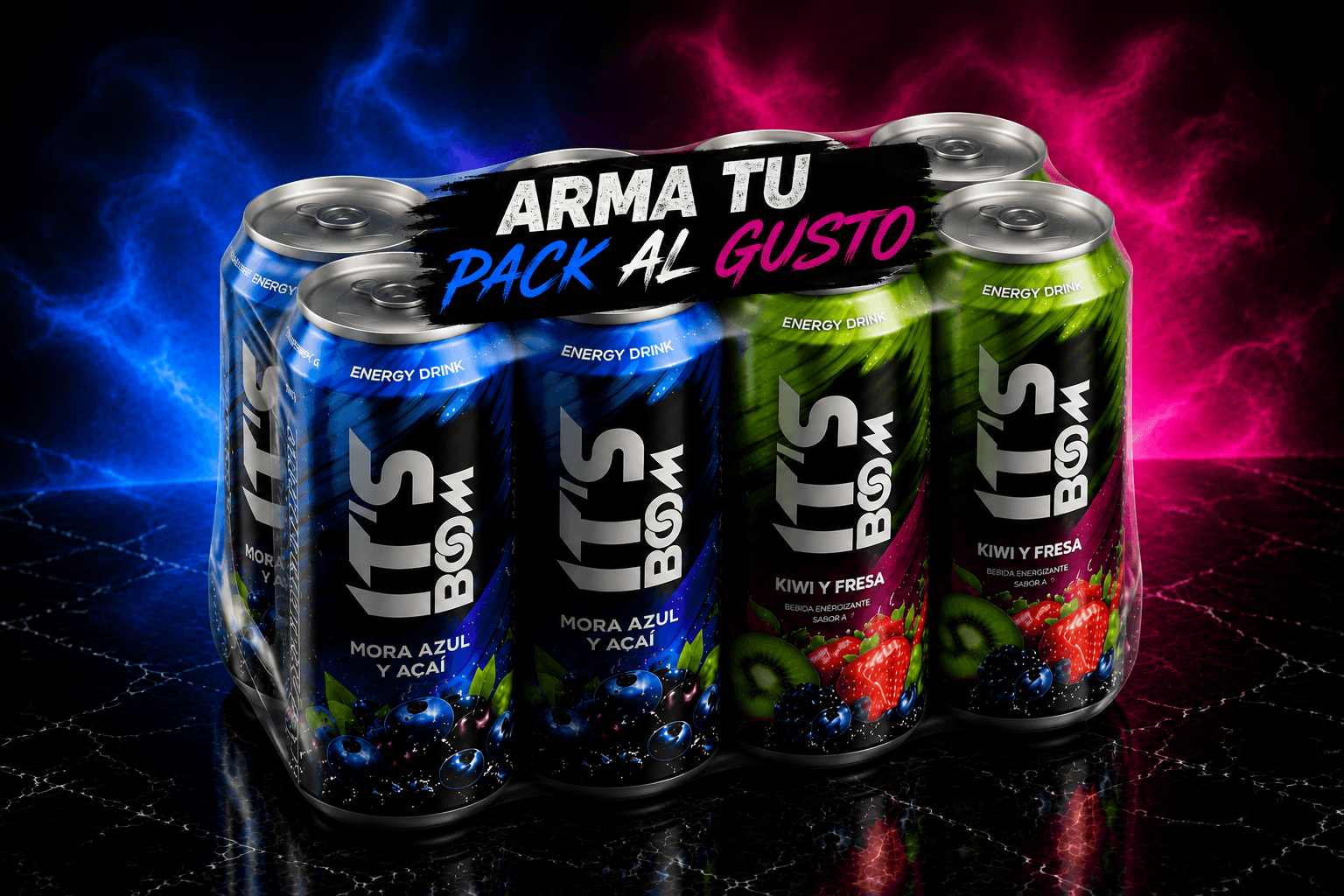 Six pack IT'S BOOM armado con Kiwi y Fresa y Mora Azul Açaí combinados